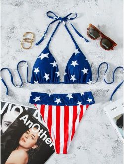 American Flag Print Halter Triangle Bikini Swimsuit