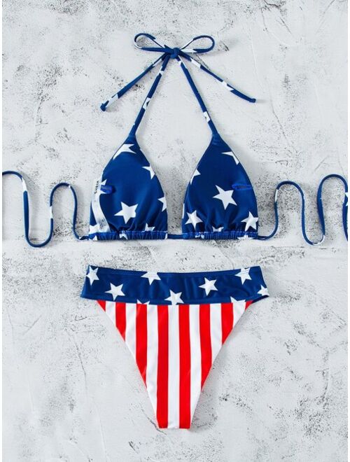 Shein American Flag Print Halter Triangle Bikini Swimsuit