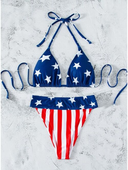 Shein American Flag Print Halter Triangle Bikini Swimsuit