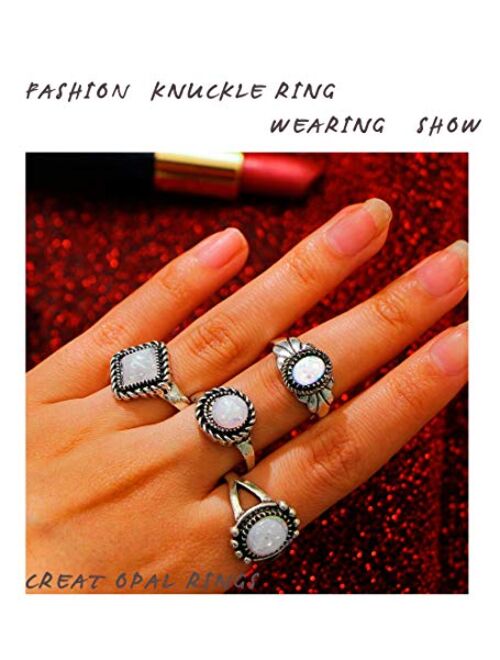 Hanpabum 18Pcs Vintage Creat Opal &Turquoise Knuckle Ring for Women Girls Bohemian Five Finger Stackable Rings Set Friendship Jewelry