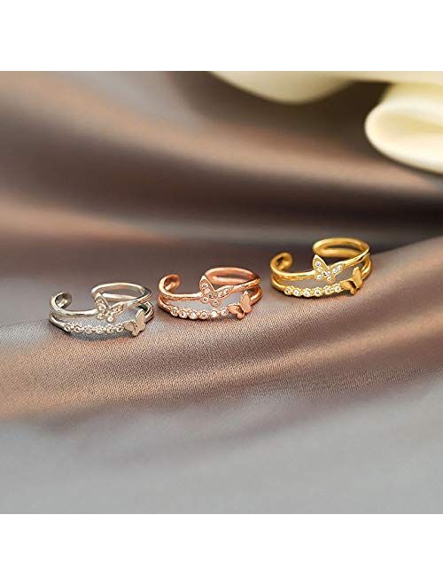 FUTIMELY Dainty Butterfly Ring for Women Teen Girls Silver Rose Gold Double Butterfly Ring Adjustable Crystal Butterfly Knuckle Ring