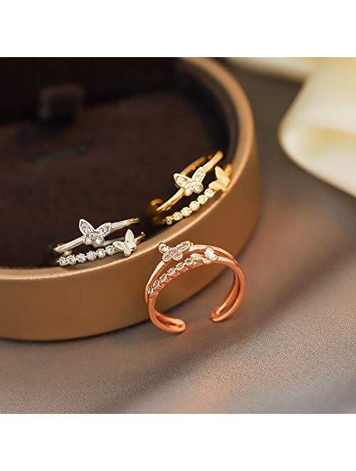 FUTIMELY Dainty Butterfly Ring for Women Teen Girls Silver Rose Gold Double Butterfly Ring Adjustable Crystal Butterfly Knuckle Ring