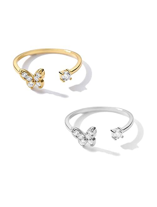 TOOPNK 2Pcs Butterfly Rings for Women Gold Silver Butterfly Ring Adjustable CZ Butterfly Jewelry for Teen Girls and Girlfriend Anniversary Birthday Gift