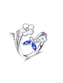 Sterling Silver Butterfly Rings Cubic Zirconia Flower Adjuastable Band Jewelry for Women Girls