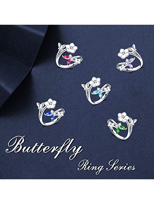 Sterling Silver Butterfly Rings Cubic Zirconia Flower Adjuastable Band Jewelry for Women Girls