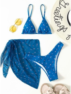 3pack Floral Triangle Bikini Swimsuit With Beach Skirt