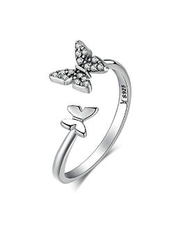 MZC Jewelry Butterfly Ring 925 Sterling Silver Expandable Open Rings Adjustable for Women Girls