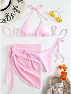 3pack Triangle Tie Side Bikini Swimsuit & Beach Skirt