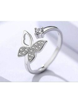 Weishu 925 Sterling Silver CZ Butterfly Statement Ring Delicate Butterfly Expandable Opening Cuff Ring Adjustable Animal Promise Band Ring Female Teen Girl (5-10)