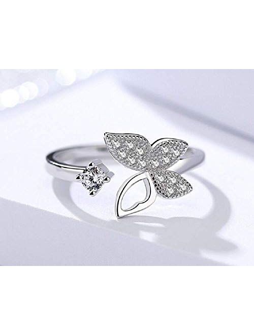 Weishu 925 Sterling Silver CZ Butterfly Statement Ring Delicate Butterfly Expandable Opening Cuff Ring Adjustable Animal Promise Band Ring Female Teen Girl (5-10)