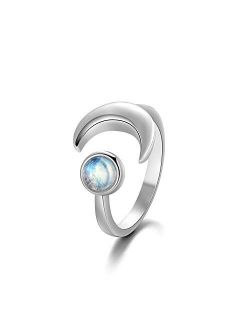 PEIMKO Triple Goddess Cresent Moon Ring for Women, 925 Sterling Silver Natural Moonstone June Birthstone Jewelry Engagement Adjustable Rings Size 5-12
