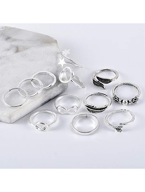 ZZ ZINFANDEL 12-20 Pcs Multiple Boho Silver Ring Set Star Moon Wave Feather Rings Stackable Knuckle Rings for Women Bohemian Midi Finger Rings Set for Teens Girls
