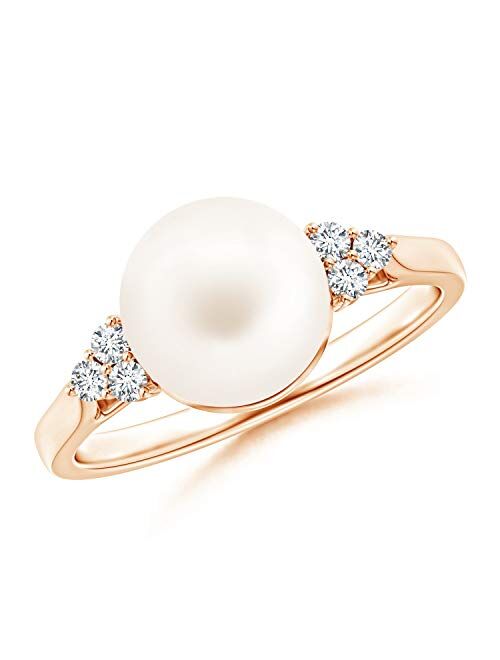 June Birthstone - Freshwater Pearl Ring with Trio Diamonds (9mm Freshwater Cultured Pearl)