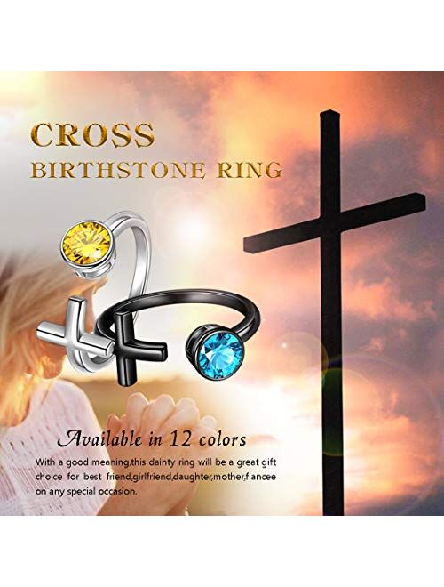 beautlace Birthstone Cross Adjustable Rings Silver/18K Gold/Black Gun Plated Birth Stone Open Ring Birthday Gifts Jewelry for Girls and Women KR0059