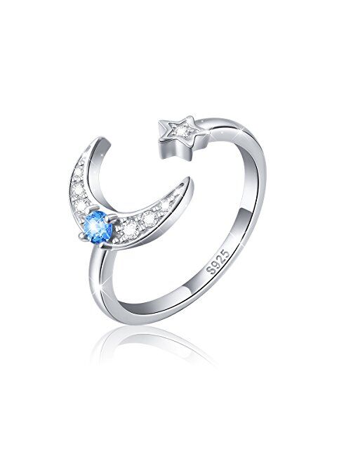 925 Sterling Silver Cz Moon Star Open Ring for Women (Expandable Rings)