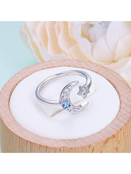 925 Sterling Silver Cz Moon Star Open Ring for Women (Expandable Rings)