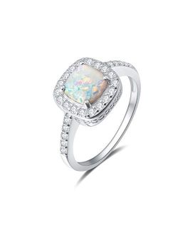FANCIME October Birthstone 925 Sterling Silver White Created Opal Halo Rings Cubic Zirconia CZ Engagement Fine Jewelry for Women Girls Size 6,7,8
