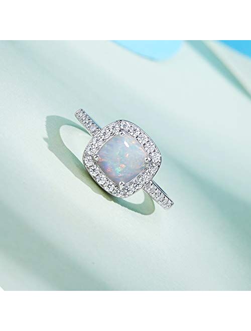 FANCIME October Birthstone 925 Sterling Silver White Created Opal Halo Rings Cubic Zirconia CZ Engagement Fine Jewelry for Women Girls Size 6,7,8