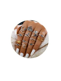 7-15pcs Silver Wave Star Moon Cute Knuckle Ring Sets for Women Teen Girls Vintage Boho Stackable Finger Toe Rings Pack