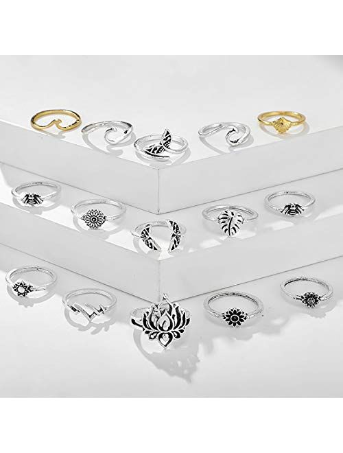 7-15pcs Silver Wave Star Moon Cute Knuckle Ring Sets for Women Teen Girls Vintage Boho Stackable Finger Toe Rings Pack