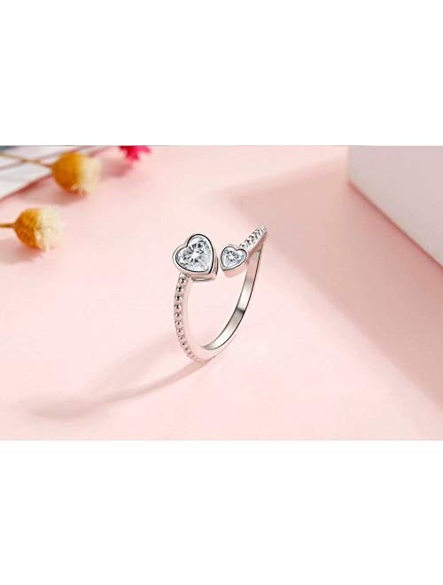 Presentski Heart Birthstone Adjustable Open Ring 925 Sterling Silver Gemstone Heart Promise Love Ring Jewelry Gift Birthday Gift for Mom Women Wife Girls