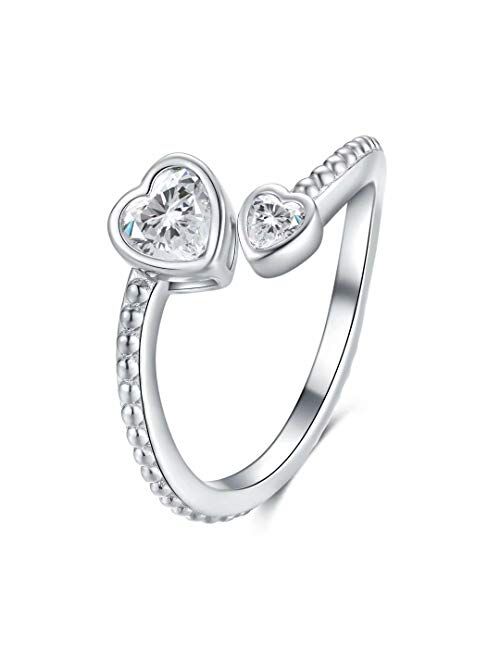 Presentski Heart Birthstone Adjustable Open Ring 925 Sterling Silver Gemstone Heart Promise Love Ring Jewelry Gift Birthday Gift for Mom Women Wife Girls
