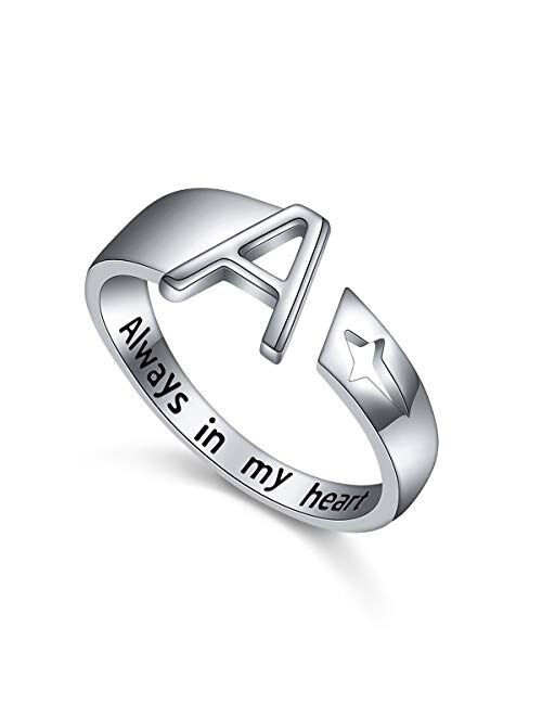 Mother's Day Gifts 925 Sterling Silver Stacking Initial Letter and Lucky Star Ring Alphabet Adjustable Open Rings Engraved Always in my heart , Great Gift for Women Teens