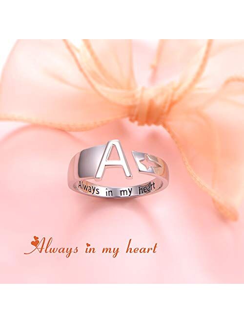 Mother's Day Gifts 925 Sterling Silver Stacking Initial Letter and Lucky Star Ring Alphabet Adjustable Open Rings Engraved Always in my heart , Great Gift for Women Teens
