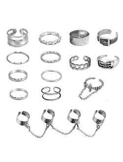 Chain Open Finger Rings Set Belt Cross Punk Retro Adjustable Stackable Rings Set for Women Girls 14PCS