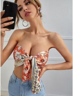 Floral Print Tie Front Tube Top