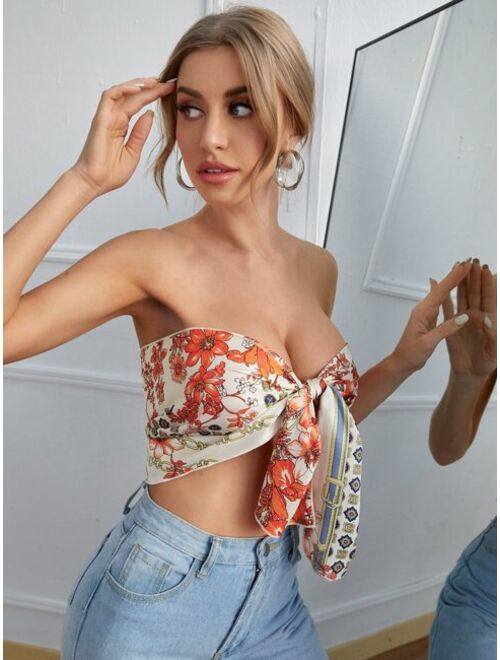 Shein Floral Print Tie Front Tube Top