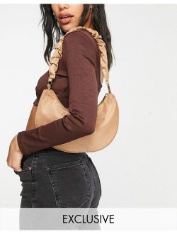 My Accessories London Exclusive curved shoulder bag in camel nylon with ruched strap