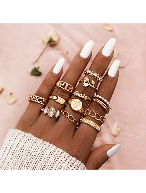 ZZ ZINFANDEL Bohemian Crystal Knuckle Rings Set for Women Teen Girls,Stacking Finger Ring Gold Fashion Rhinestones Arrow Evil Eye Rose Rings