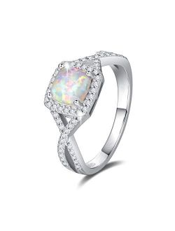 FANCIME October Birthstone Created Opal Rings Sterling Silver 4-Prong Halo White Fire Opal Cubic Zirconia Infinity Engagement Wedding Ring Fine Jewelry for Women Girls Si
