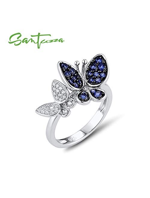 Santuzza 925 Sterling Silver Blue Butterfly Ring Shiny Blue Nano Cubic Zirconia White Cubic Zirconia Fashion Jewelry