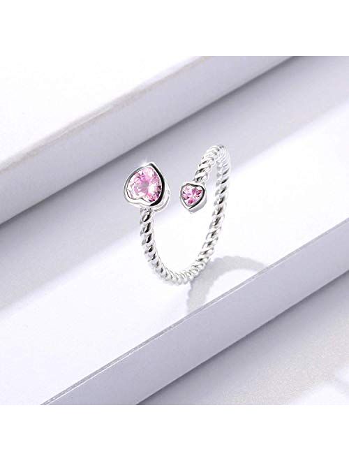 Sterling Silver Birthstone Ring for Women: Heart Cubic Zirconia Month Adjustable Ring Birthday Jewelry Gifts for Teens Girls