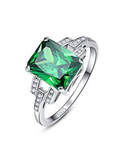 BONLAVIE Women's Created Emerald Rings May Birthstone 925 Sterling Silver Wedding Anniversary Solitaire Engagement Ring