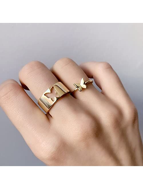 Adjustable Butterfly Ring for Women Men, 2Pcs Couples Matching Friendship Trendy Promise Rings Set for Teen Girls Thumb Jewelry