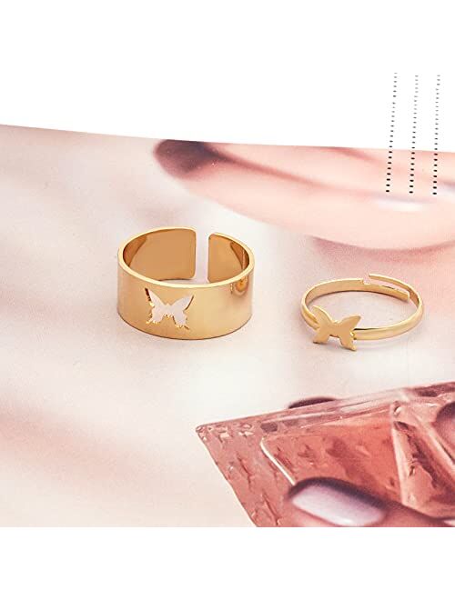 Adjustable Butterfly Ring for Women Men, 2Pcs Couples Matching Friendship Trendy Promise Rings Set for Teen Girls Thumb Jewelry