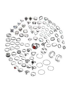 100PCS Vintage Silver Knuckle Rings Set, Bohemia Retro Joint Stackable Midi Ring Set for Women Girls Teens , Pack of Finger Rings Size 5-10