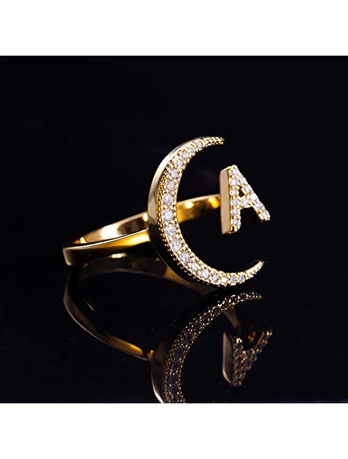 Hobt Initial Letter Ring Crescent Moon Ring 14K Gold Plated CZ Alphabet A-Z Adjustable Ring for Women Girls