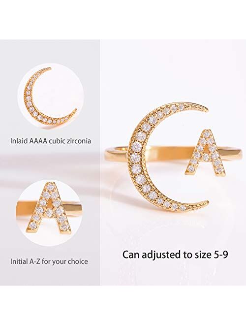 Hobt Initial Letter Ring Crescent Moon Ring 14K Gold Plated CZ Alphabet A-Z Adjustable Ring for Women Girls
