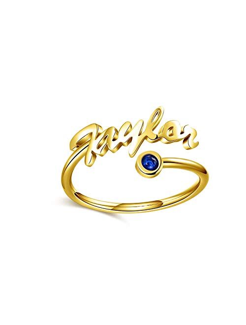 PDTJMTG Name Ring with Birthstone Personalized Engraved Name Plate Custom Ring for Women Girl