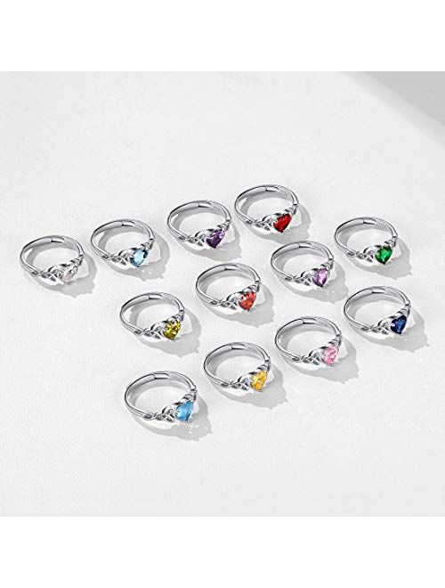 ChicSilver 6mm Heart Shape Sparkling Birthstone White Gold Plated 925 Sterling Silver Celtic Knot Ring Adjustable(with Gift Box)