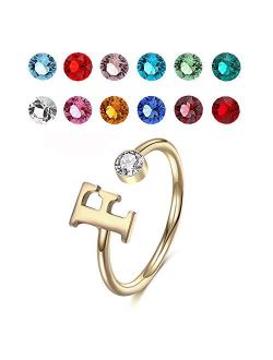 925 Sterling Silver Personalized Initial Name Ring with Simulated Birthstone Cusotm Initial Alphabet Letter Adjustable Size Stackable CZ Wrap Open Ring