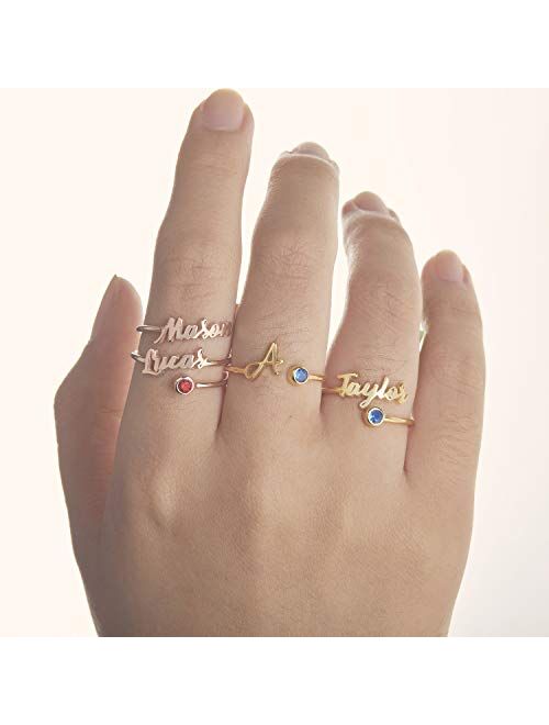 925 Sterling Silver Personalized Initial Name Ring with Simulated Birthstone Cusotm Initial Alphabet Letter Adjustable Size Stackable CZ Wrap Open Ring