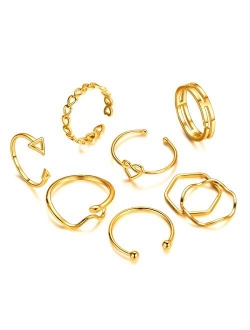 FOCALOOK 6-9PCS Stackable Rings Set for Women Teens 18K Gold Plated Statement Vintage Rings Size Adjustable