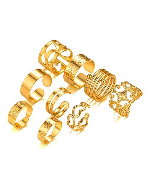 FOCALOOK 6-9PCS Stackable Rings Set for Women Teens 18K Gold Plated Statement Vintage Rings Size Adjustable