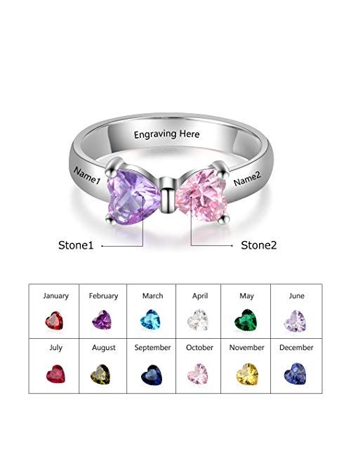 Personalized Mothers Ring with 2 Simulated Birthstones Custom Hearts Promise Rings for Her Love Jewelry for Women