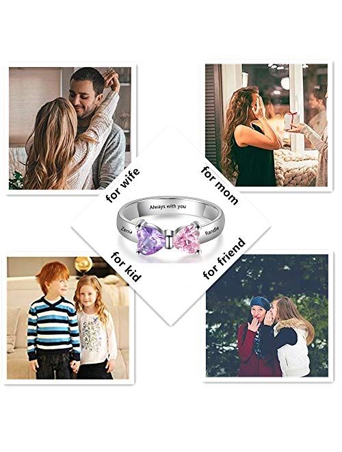 Personalized Mothers Ring with 2 Simulated Birthstones Custom Hearts Promise Rings for Her Love Jewelry for Women
